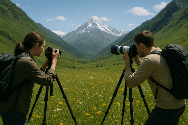 Two photographers with different cameras on tripods capturing a distant mountain in a wildflower-filled valley.