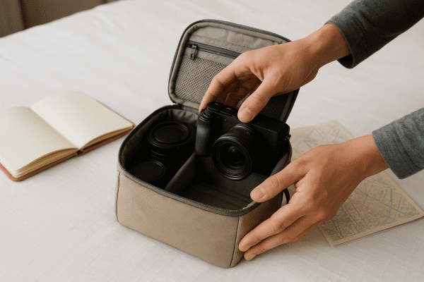 Traveler's hands packing compact and mirrorless cameras with key accessories into a small bag on a hotel bed.
