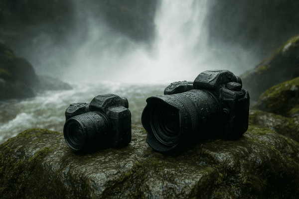 Waterproofed compact and mirrorless cameras sit on mossy rocks near a misty waterfall.