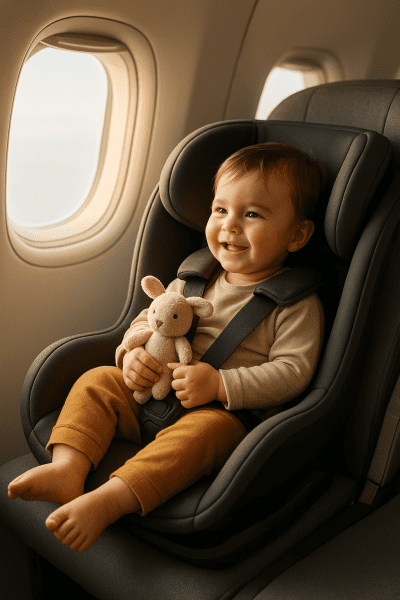 A toddler enjoys a flight, sitting securely in a compact travel car seat installed by the window.