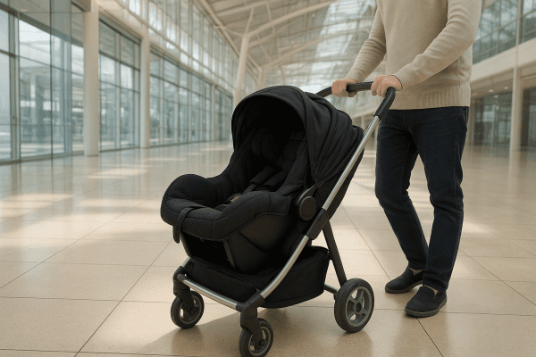 A parent wheels a car seat in a travel bag on a cart through a bright airport terminal.