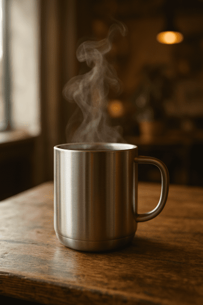 An insulated stainless steel mug with steam rising, on a sunlit wooden cafe table.
