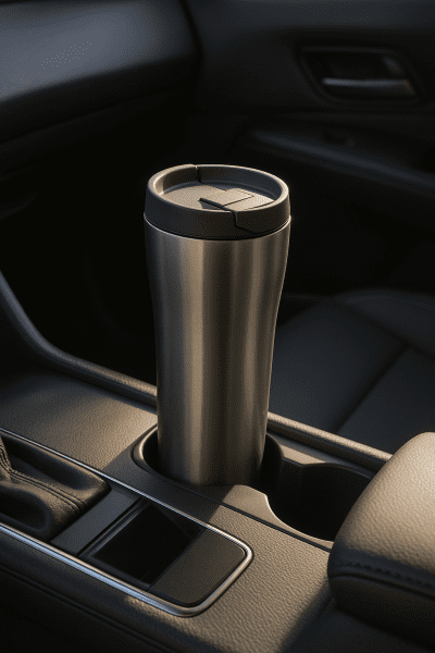 Slim travel mug with spill-proof lid fits securely in a car cup holder, sunlight streaming in.