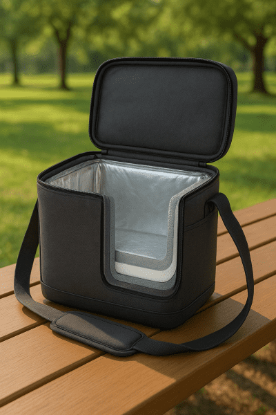 Open travel cooler bag on a wooden bench, showing premium insulation, antimicrobial liner, and ergonomic padded strap.