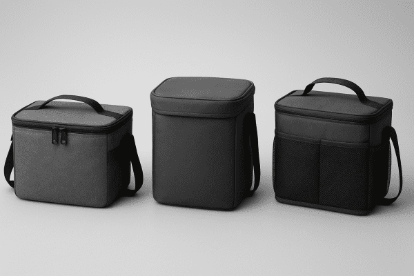 Three travel cooler bags on a matte gray surface, each with different closures and pocket styles.