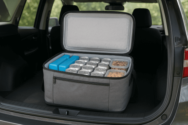 Travel cooler bag in SUV trunk, open and packed with ice packs, cans, and snacks, showing organized interior.