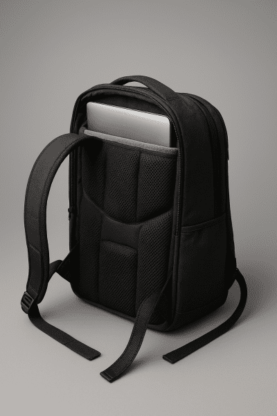 Travel laptop backpack with ergonomic, padded straps and open compartment showing a plush laptop sleeve, set on a smooth grey studio background.