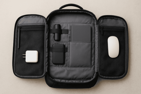 Open travel backpack on a pale tabletop, organized with mesh zip pockets and neatly arranged accessories.