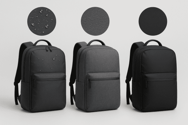 Three travel backpacks of waterproof, polyester, and nylon materials, with close-up insets showing fabric texture and water repellency.