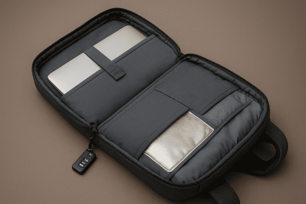 Open travel backpack on taupe tabletop, showing a padded laptop sleeve, anti-theft lock, and RFID-shielded pocket.