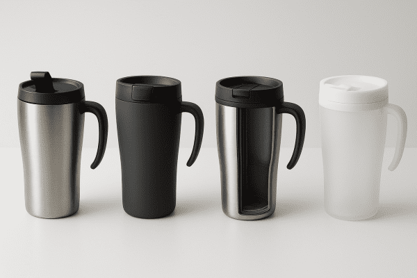 Travel mugs with innovative lids, ergonomic handles, and visible insulation, displayed on a matte white background.