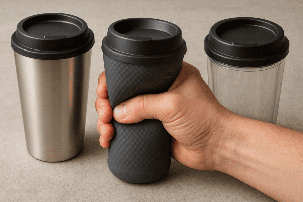 Macro image showing the tactile textures of stainless steel, silicone, and plastic travel mugs, with a hand pressing the silicone mug.