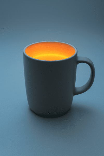 Travel mug with glowing orange-yellow interior, showing heat retention, on a cool blue seamless background.