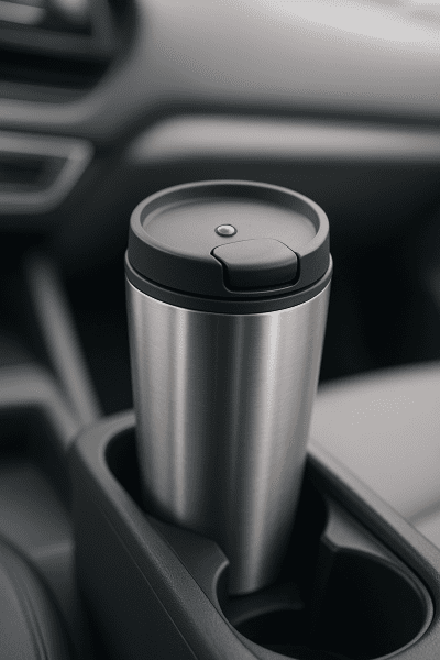 Travel mug with leak-proof lid and water droplet, nestled in a car cupholder with blurred car interior.