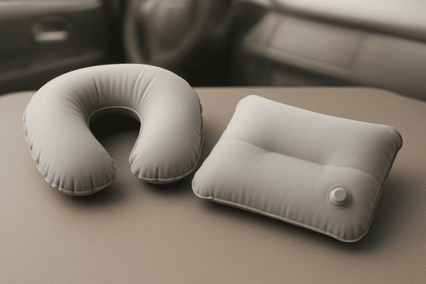 Inflatable neck pillows, U-shaped and rectangular, on matte surface with travel settings softly blurred.