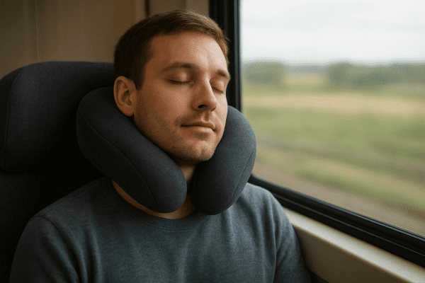 Traveler resting on train, head supported by contoured ergonomic neck pillow beside window.