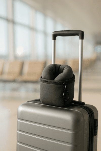 Compact neck pillow in small pouch with carabiner on suitcase at sunlit airport terminal.