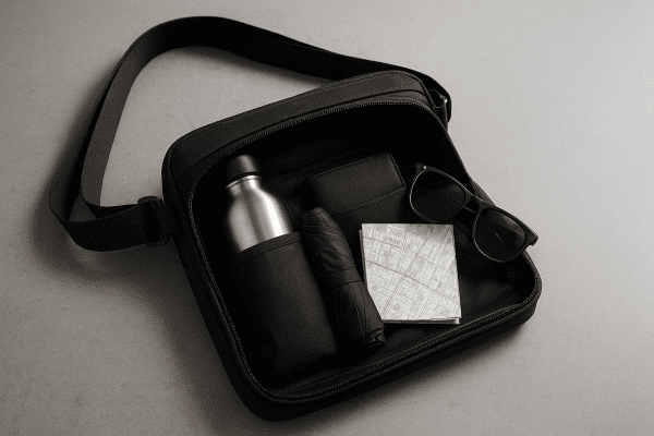 Ballistic nylon crossbody travel purse with reinforced stitching, elastic water bottle pocket, and organized travel items on stone countertop.