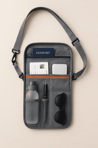 Sleek crossbody purse with modular color-coded pockets, mesh bottle holder, and organized travel essentials on wood surface.