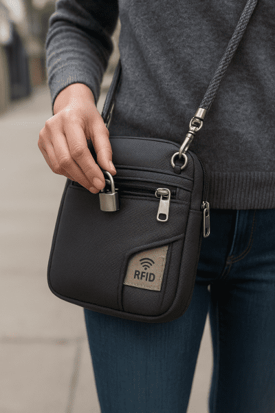 Close-up of crossbody purse with steel cable strap, lockable zippers, RFID blocking pocket, worn by traveler on city sidewalk.