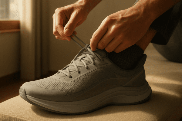 Modern sneakers being laced, showing adaptive arch support and ergonomic comfort.