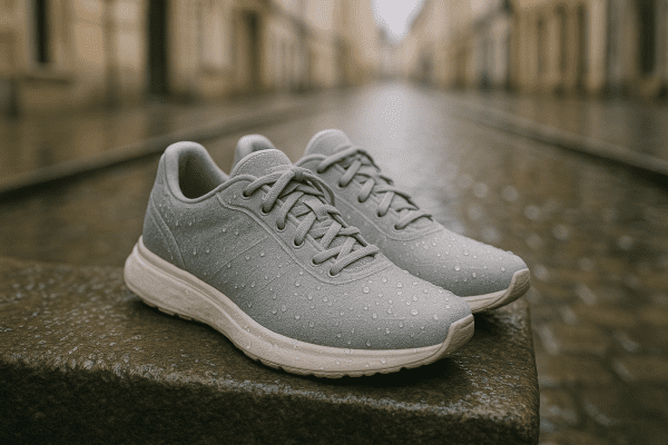 Sneakers on a wet cobblestone ledge with water droplets beading off hydrophobic fabric.