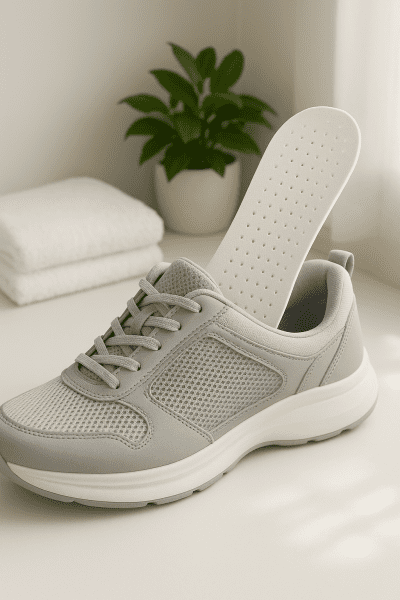 Sneakers with clear mesh panels and antimicrobial insole partially removed, showing airflow.