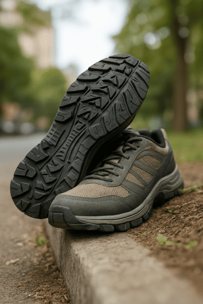 Soles of sneakers showing hybrid tread for grip on pavement and soil.