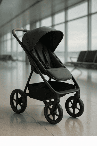 Ultra-light stroller with carbon wheels and advanced brakes in a modern airport terminal.