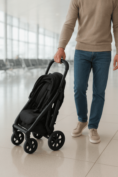 Parent folding a stroller with smooth suspension in a spacious airport lounge.