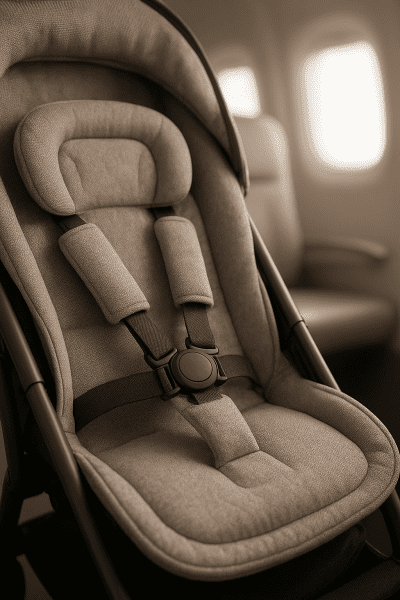 Luxury stroller seat with plush harness and padding inside airplane cabin.