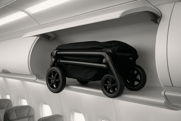 Collapsed stroller fitting beneath airplane overhead bin with visible basket.