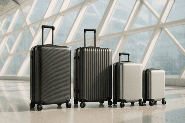Premium lightweight suitcases of various innovative materials, elegantly arranged in a bright, modern airport terminal.