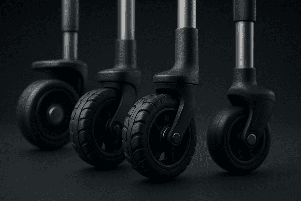 Detailed close-up of innovative suitcase wheels and ergonomic handle grips on a polished airport floor.
