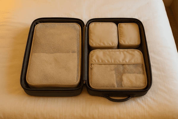Open suitcase neatly organized with modular packing cubes and mesh dividers on a hotel bed.