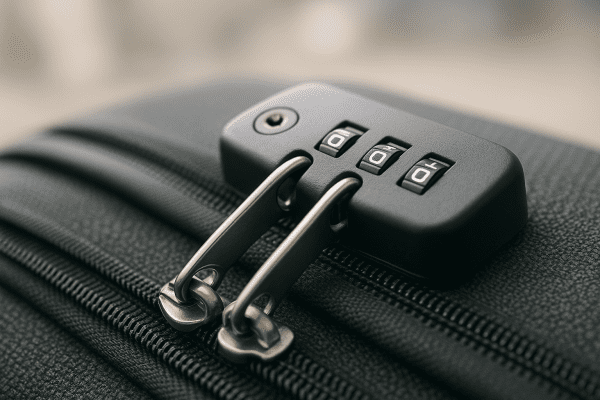 Macro image of a TSA lock and zipper pulls, with a softly blurred airport check-in area in the background.