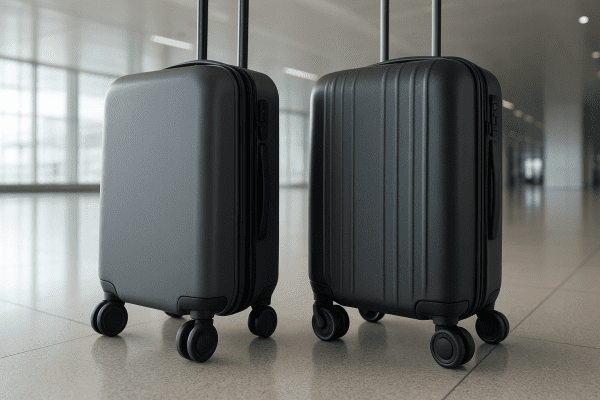 Modern suitcases on wheels in a bright airport, showing close-ups of wheels, shells, and zippers.