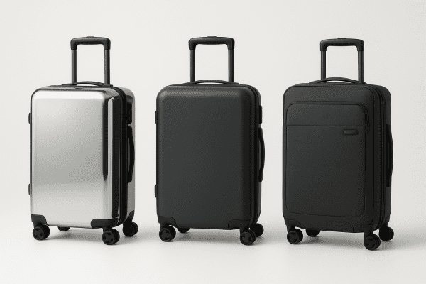 Three travel suitcases in a studio: one polycarbonate, one ABS, one polyester, all clearly differentiated.