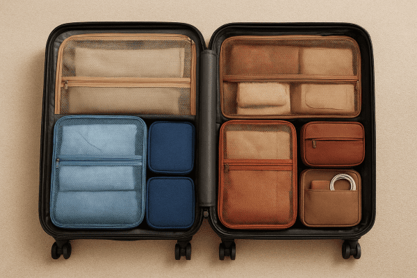 Open suitcase interior with organized packing cubes, mesh pockets, and accessories.