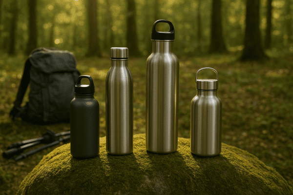 Assorted lightweight stainless steel water bottles on a mossy boulder in a glowing forest clearing, hiking gear in background.