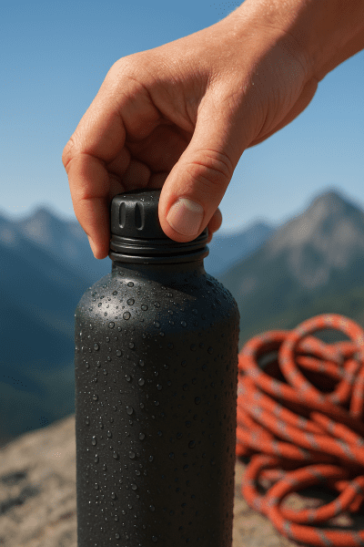 Macro shot of a hand securing the leakproof cap on an insulated bottle, mountains and climbing rope softly blurred behind.