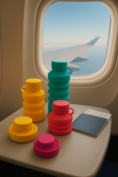 Colorful collapsible silicone bottles, passport, and boarding pass on an airplane tray with a wing outside the window.