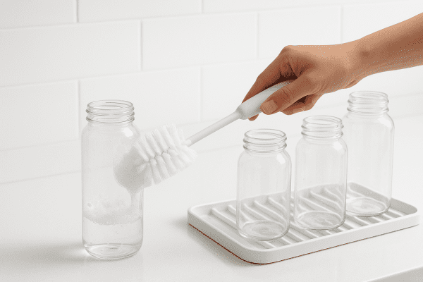 Bottle brush cleaning the inside of a wide mouth travel bottle, others draining on a rack, clean kitchen background.