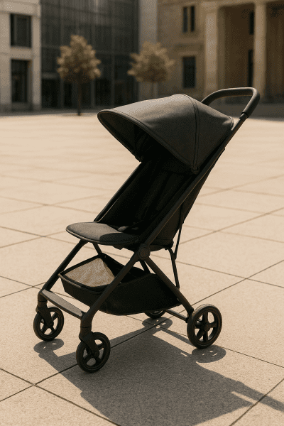 Sleek, ultra-light umbrella stroller with extended canopy and modern storage on an urban plaza.