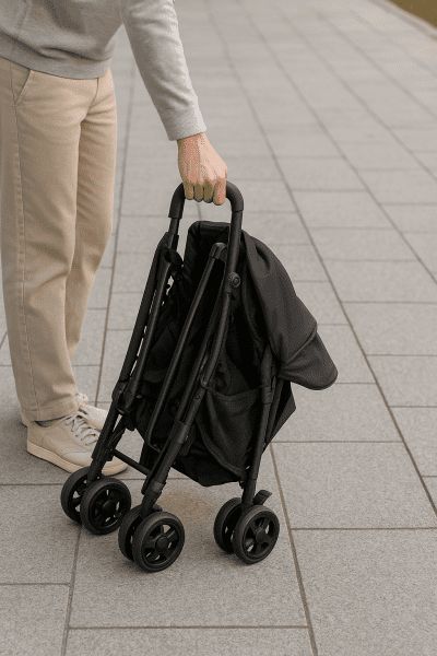Parent demonstrates quick folding of a travel stroller, showcasing brake and basket.