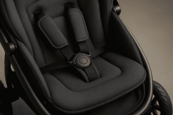 Close-up of a five-point harness and plush seat with visible suspension for a travel stroller.