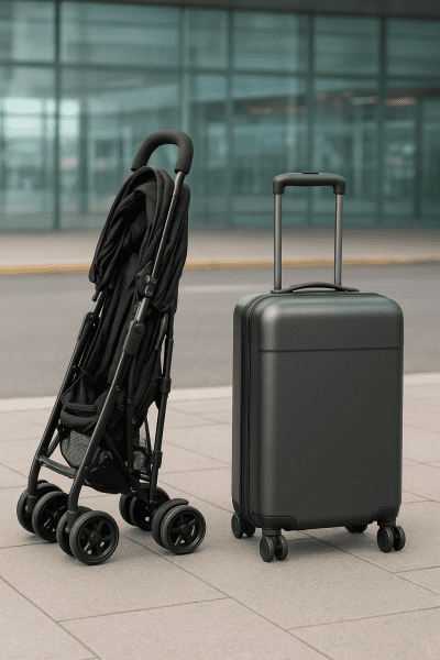 Folded travel stroller stands next to a carry-on suitcase at the airport curbside.
