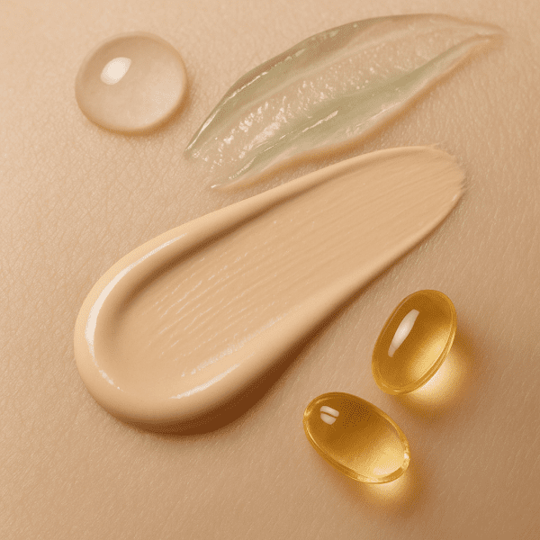 Macro shot of concealer swatch with hyaluronic acid drop, aloe vera gel, and vitamin E capsule.