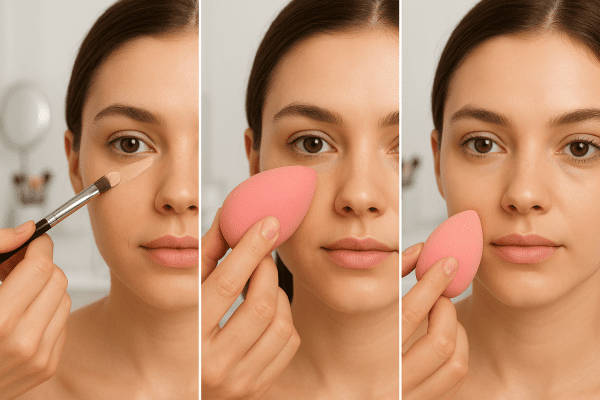 Hands expertly blending undereye concealer with brush and sponge on a model's face at a makeup station.