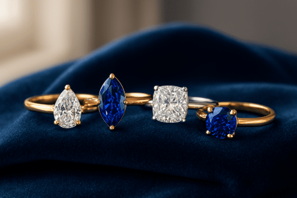 Avant-garde engagement rings with unique diamond cuts and sapphires on gold bands, arranged on blue velvet.